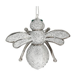 NEW Joan Rivers European Blown Glass BEE ORNAMENT 4" Silver Glitter Rhinestones!